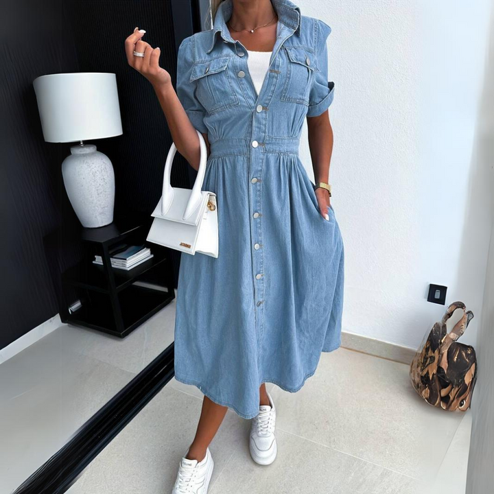 Duttini | Modern Denim Button-Up Midi Dress Short Sleeve