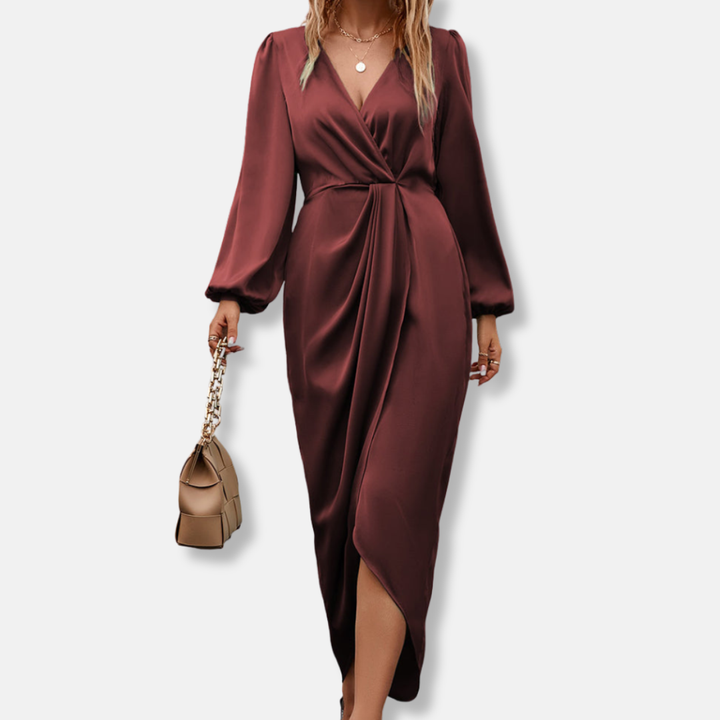 Duttini | Sculpted Draped Satin Midi Dress With Asymmetric Hem