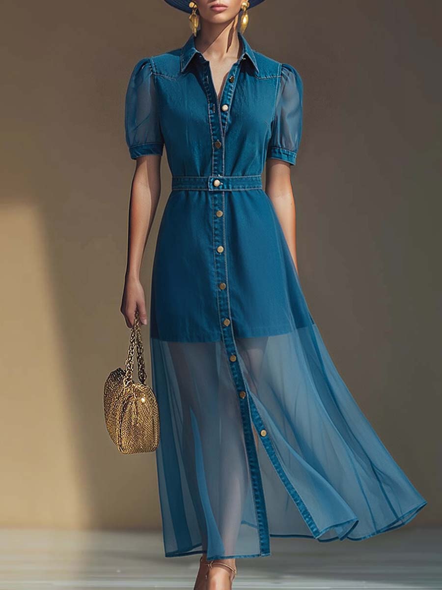 Duttini | V-Neck Short-Sleeved Organza Blue Denim Dress