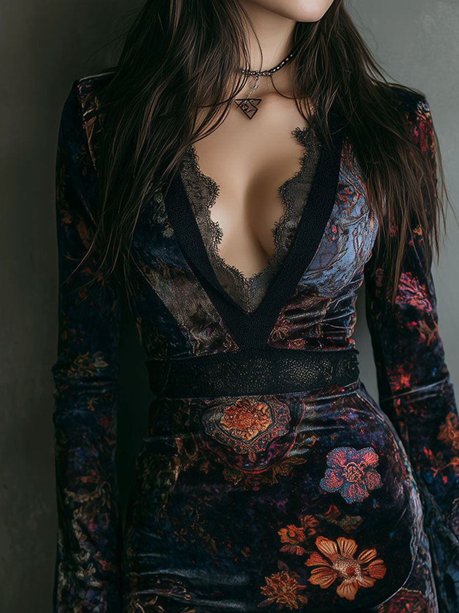 Duttini | Boho Floral Print V-Neck Velvet Dress