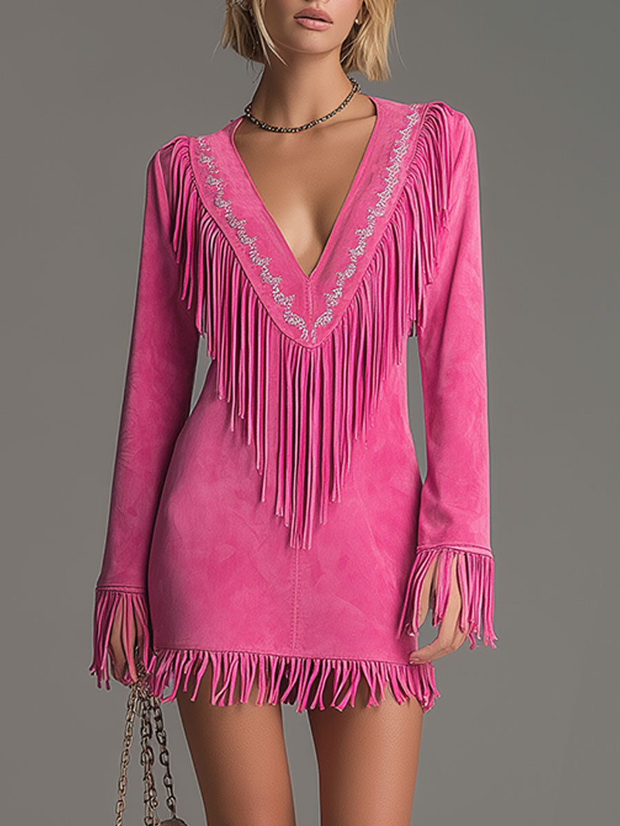 Duttini | Red Faux Suede Tassel Western Dress