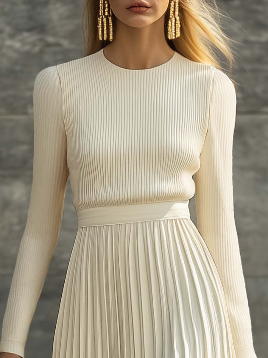 Duttini | Cream Satin Pleated Casual Dress