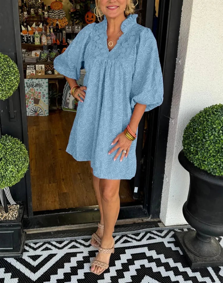 Duttini | Elegant Puff Sleeve Mini Dress V-Neck Smock Babydoll