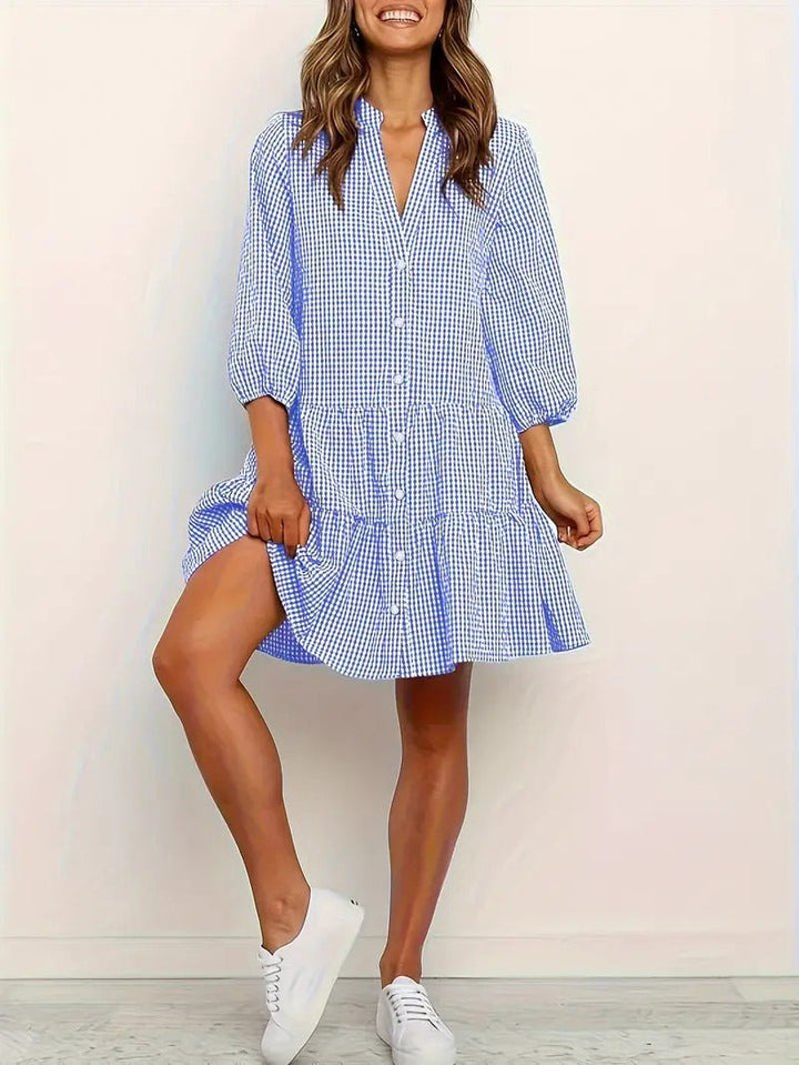 Duttini | Sculpted Gingham Print Button-Down Mini Dress 3/4 Sleeve