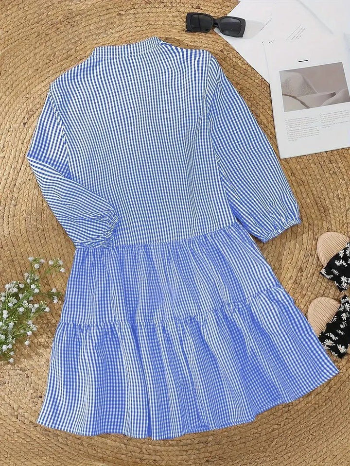 Duttini | Sculpted Gingham Print Button-Down Mini Dress 3/4 Sleeve