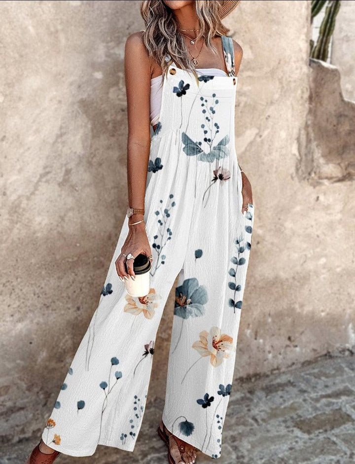 Duttini | Flowing Floral Print Overalls Wide Leg Sleeveless Jumpsuit