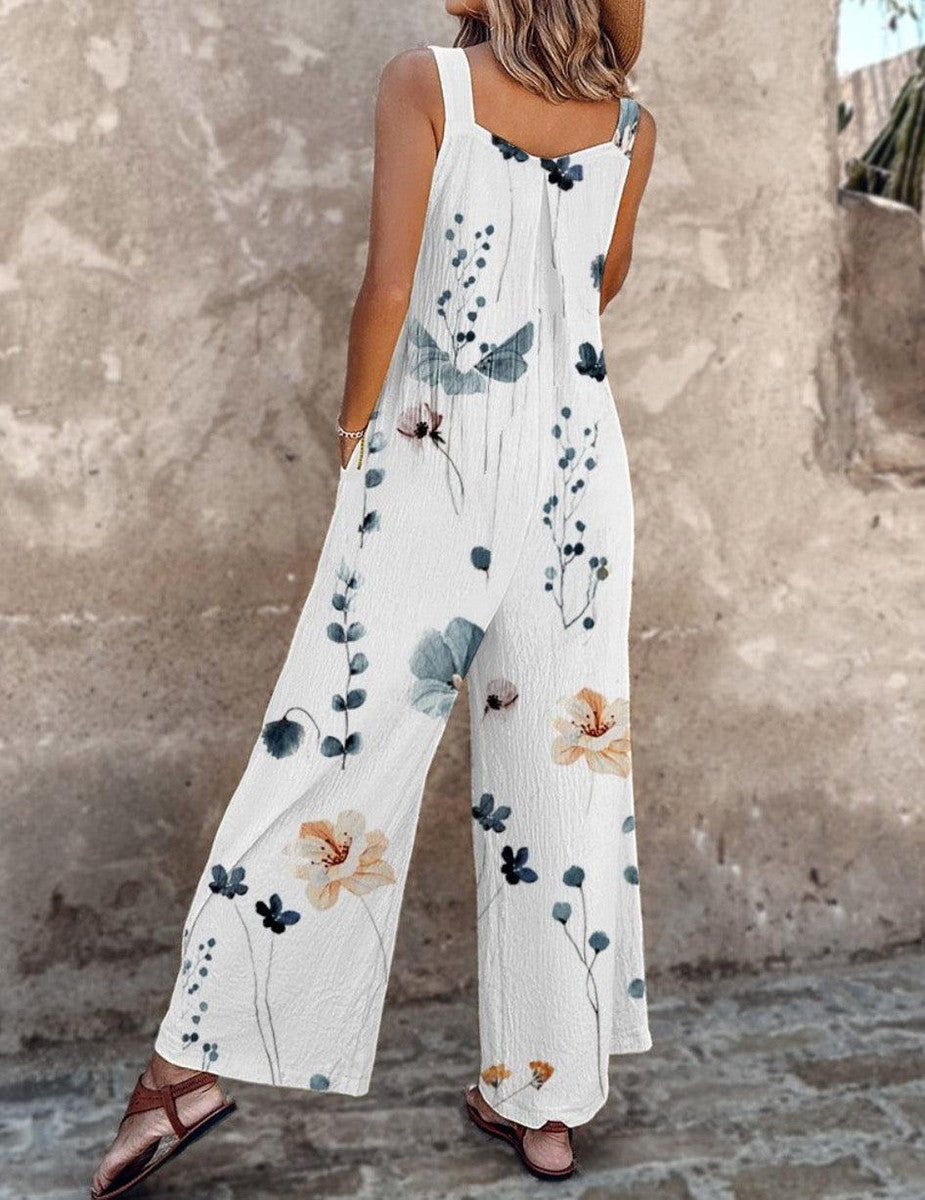 Duttini | Flowing Floral Print Overalls Wide Leg Sleeveless Jumpsuit