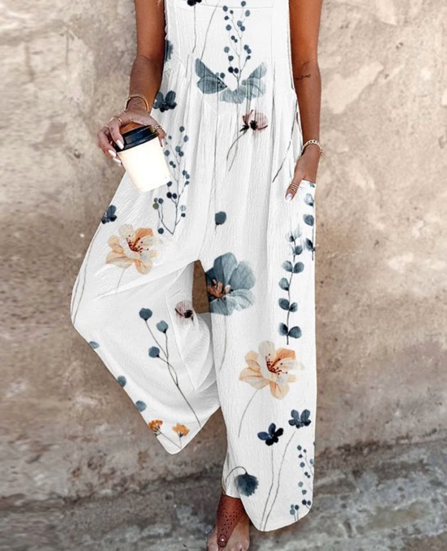 Duttini | Flowing Floral Print Overalls Wide Leg Sleeveless Jumpsuit