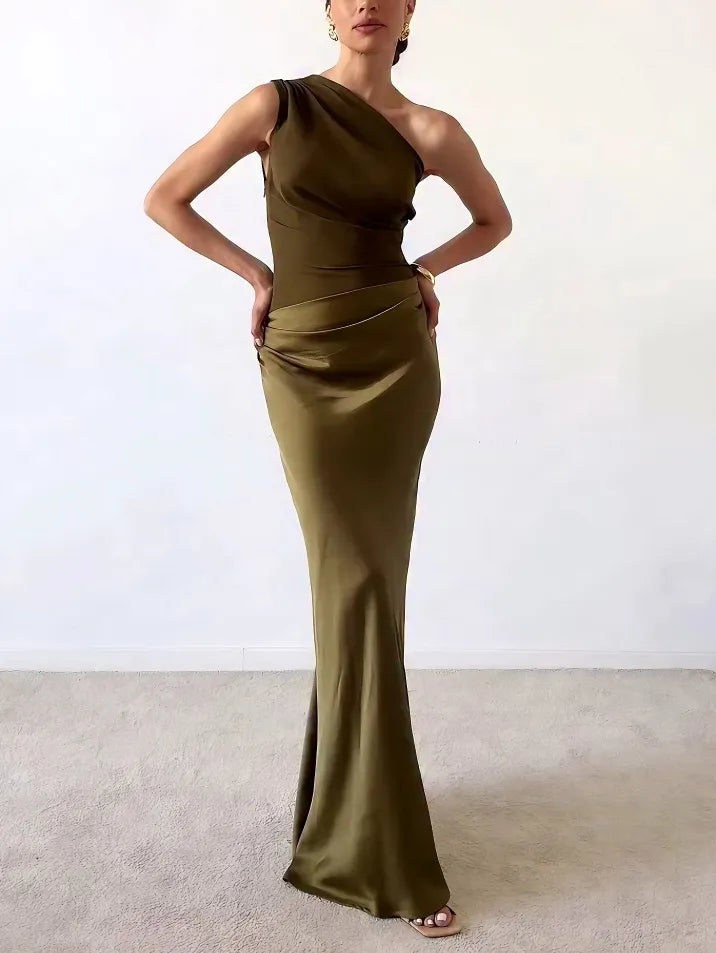 Duttini | Elegant One Shoulder Neck Pleated Party Maxi Dress