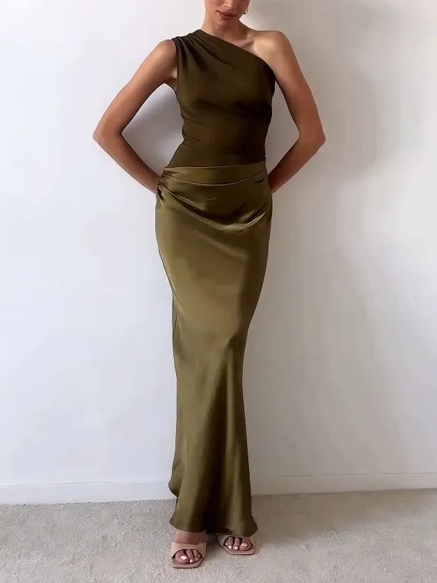 Duttini | Elegant One Shoulder Neck Pleated Party Maxi Dress