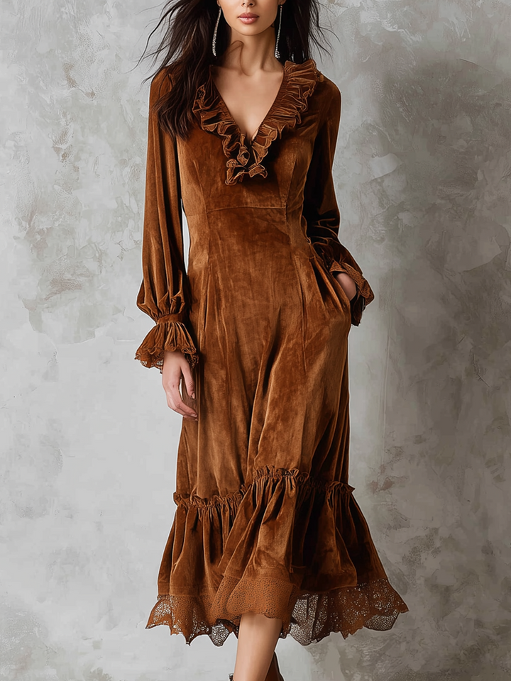 Duttini | Retro Ruffle Neck Lace Trim Dress