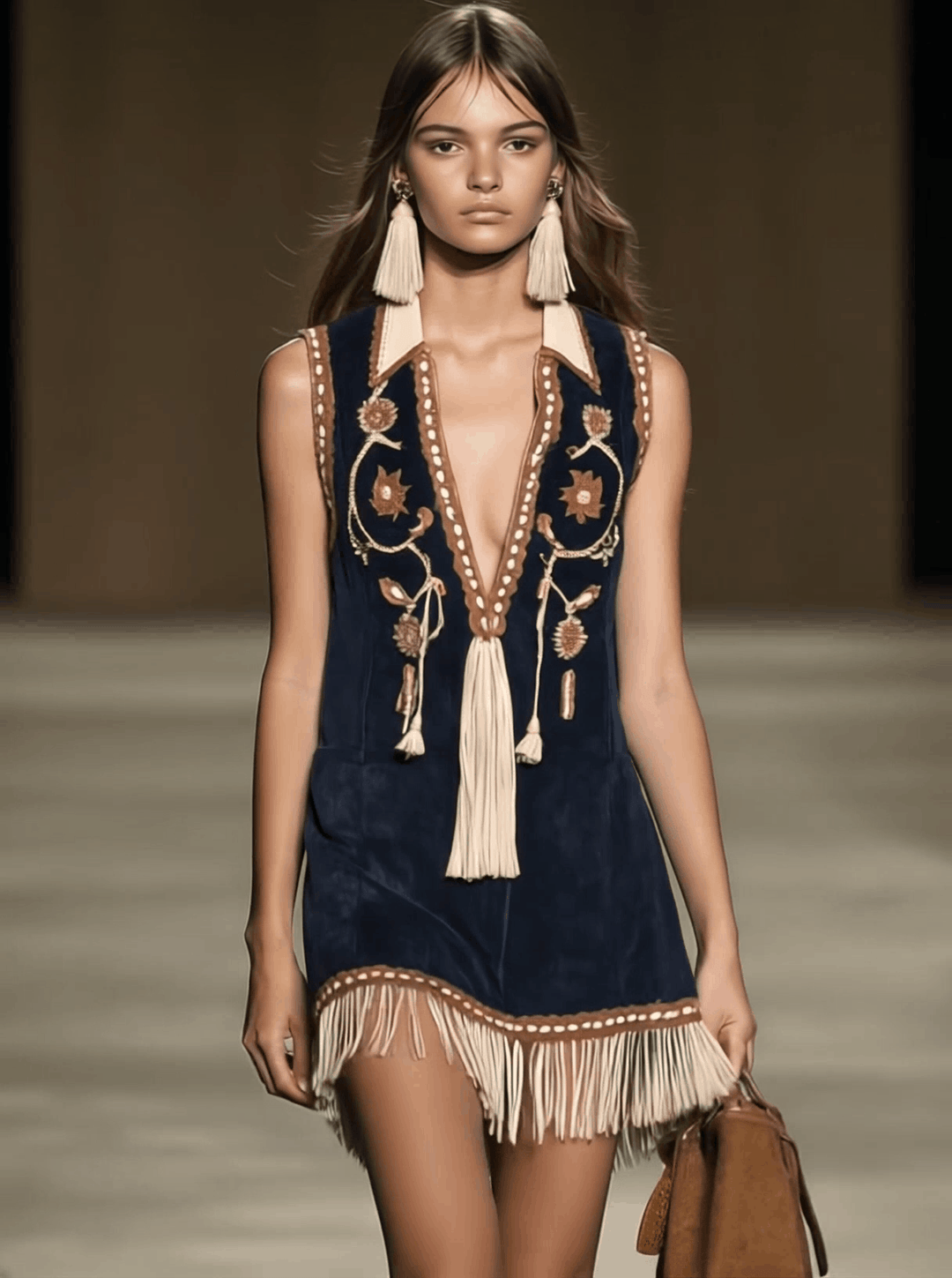 Duttini | Red Faux Suede Tassel Western Dress
