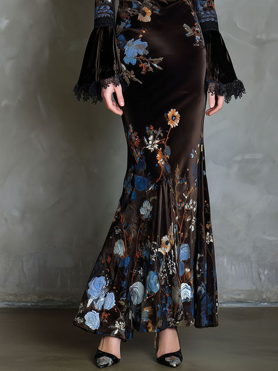 Duttini | Velvet Floral Elegance Evening Dress