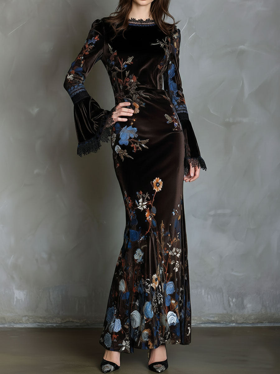 Duttini | Velvet Floral Elegance Evening Dress