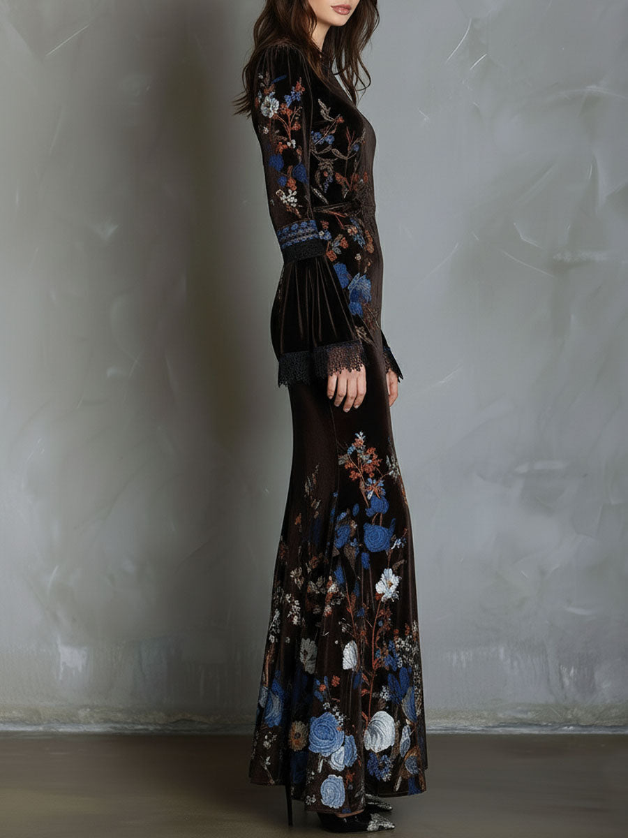 Duttini | Velvet Floral Elegance Evening Dress