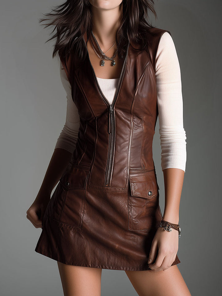 Duttini | Brown Eco Leather Zip-Front Dress
