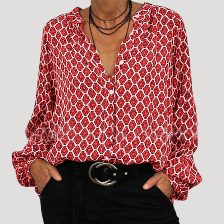 Duttini | Long Sleeve V-Neck Printed Blouse