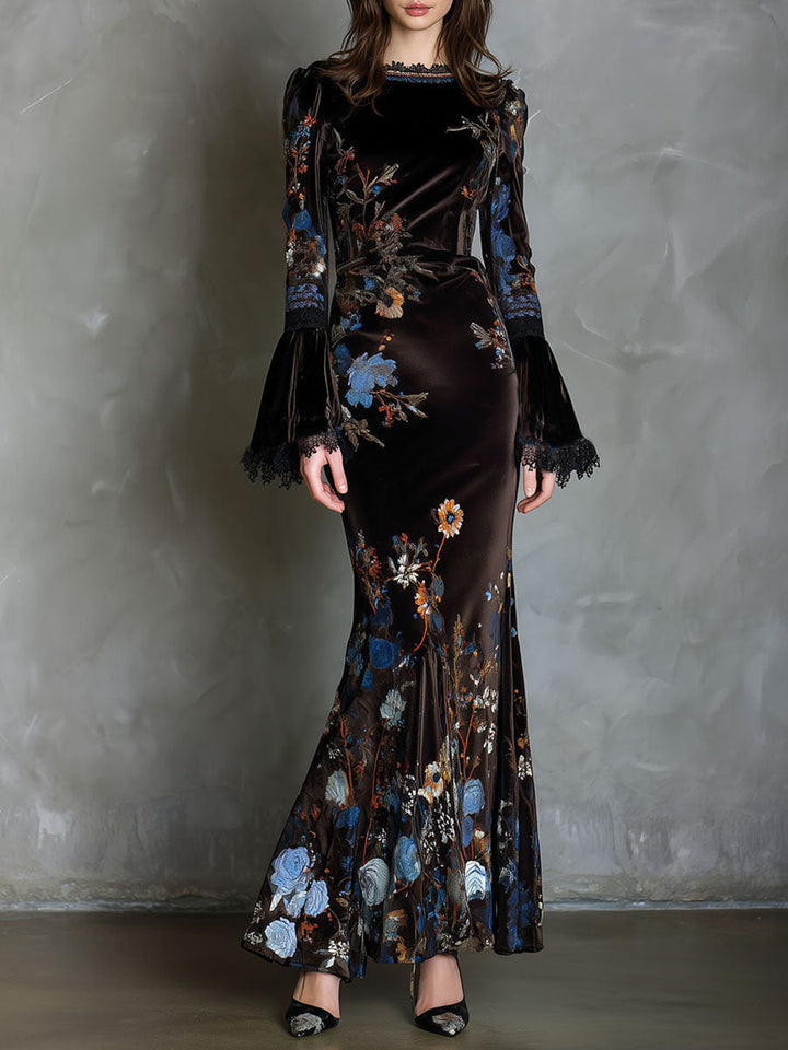 Duttini | Velvet Floral Elegance Evening Dress