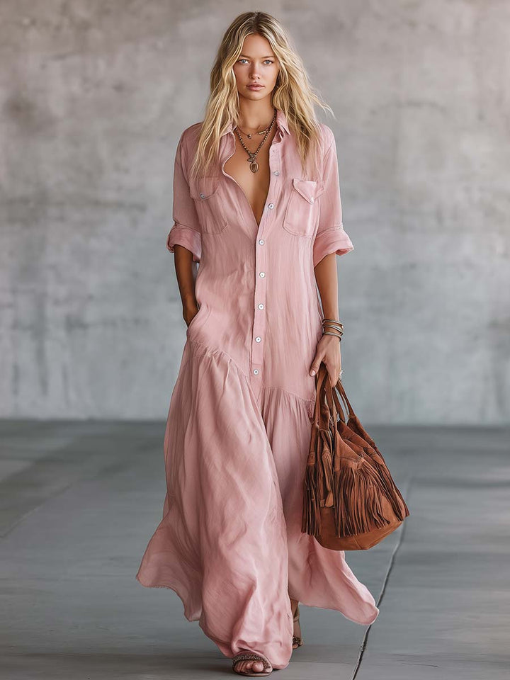 Duttini | Pink Linen V-Neck Casual Dress
