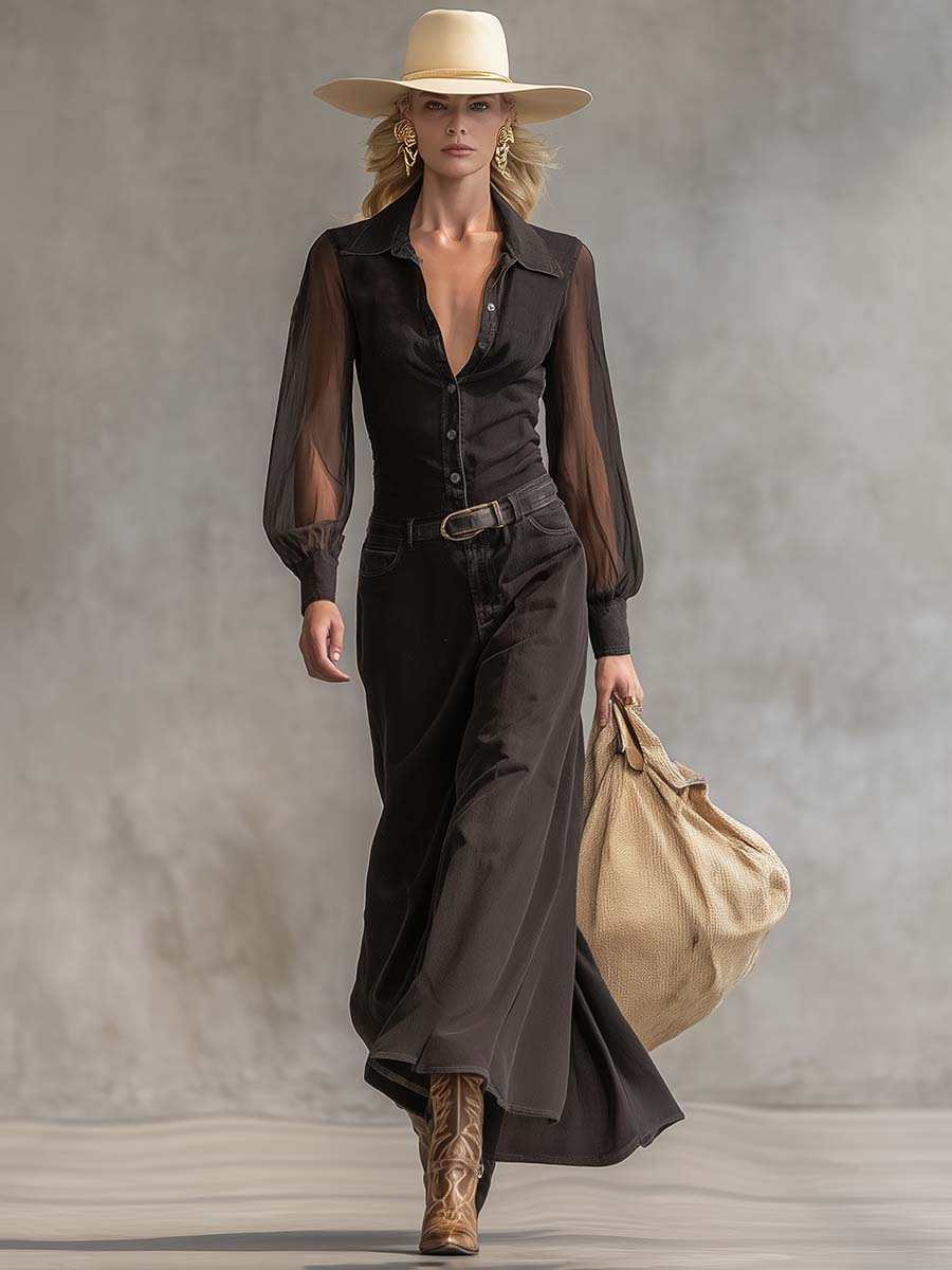 Duttini | Black Denim V-Neck Casual Dress