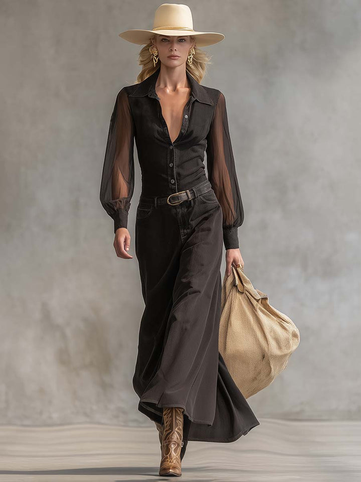 Duttini | Black Denim V-Neck Casual Dress