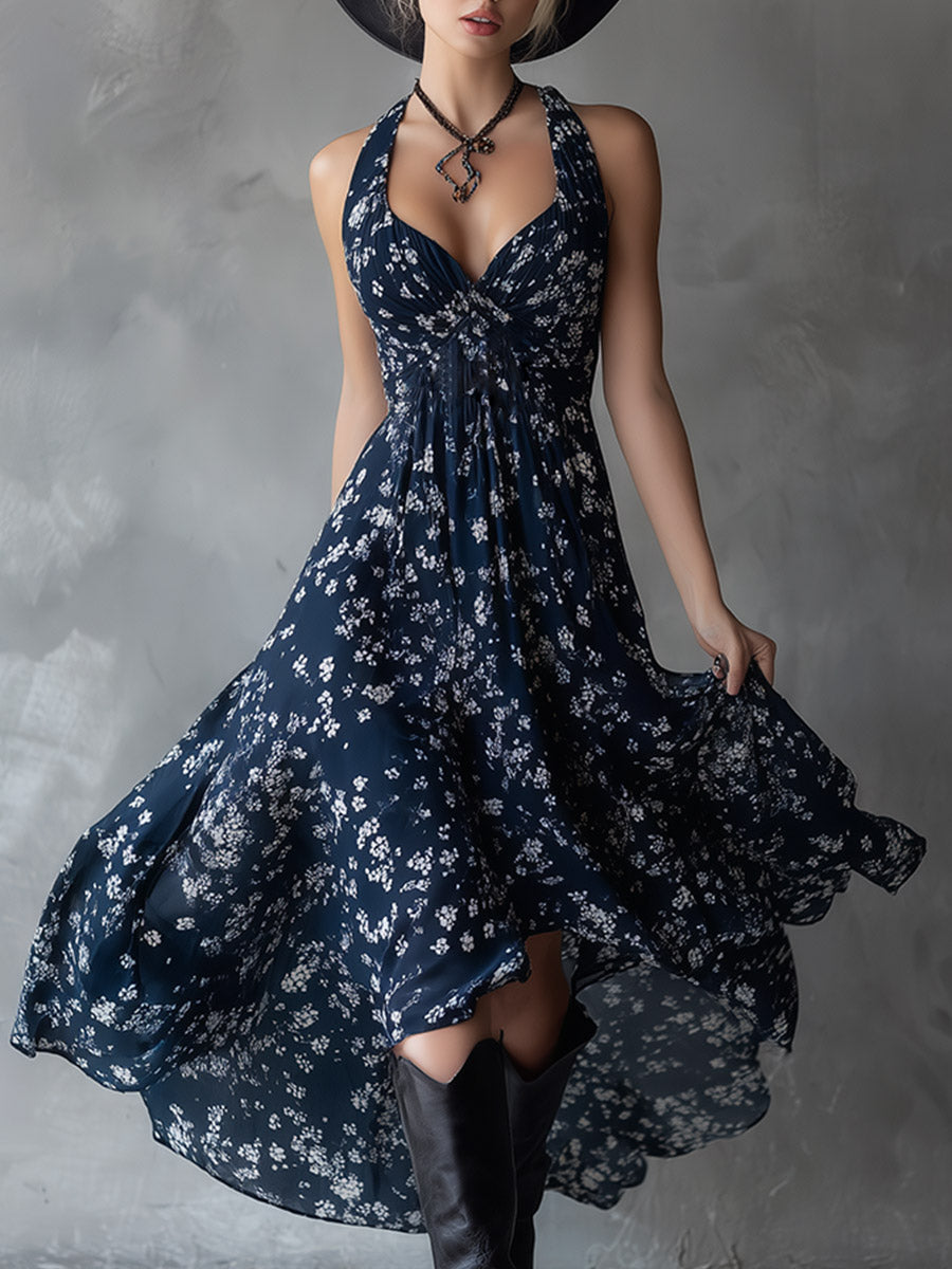 Duttini | Navy Blue Chiffon Floral Dress