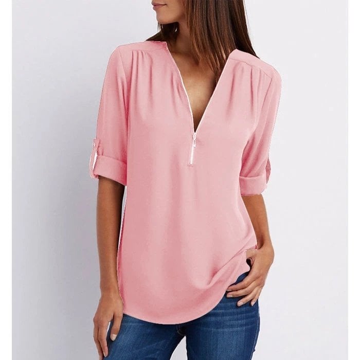 Duttini | Timeless Zip-Up V-Neck Half Sleeve Casual Blouse Top