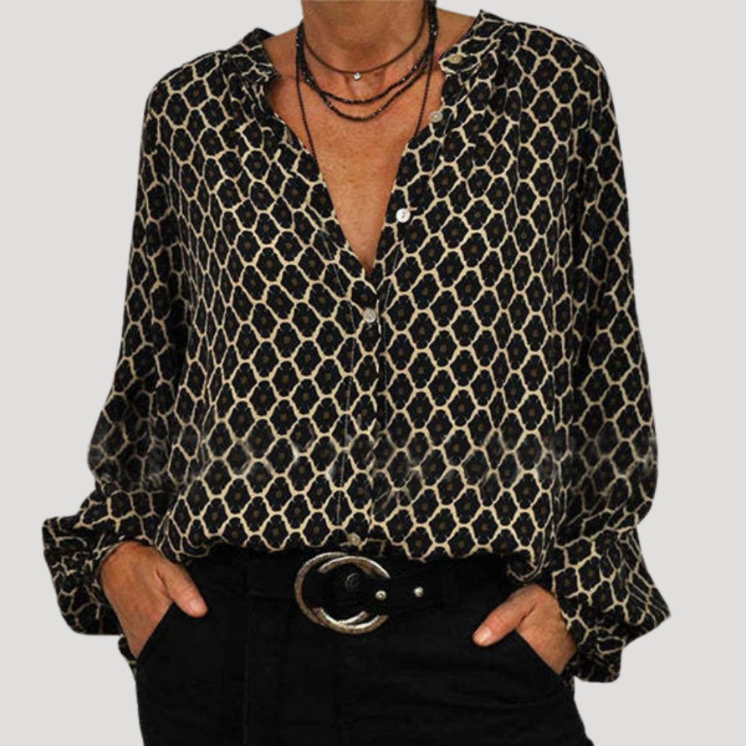 Duttini | Long Sleeve V-Neck Printed Blouse