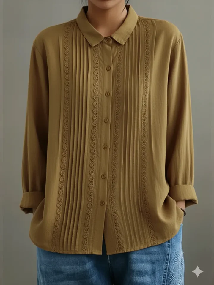 Duttini | Statement Lace Trim Button-Up Long Sleeve Blouse