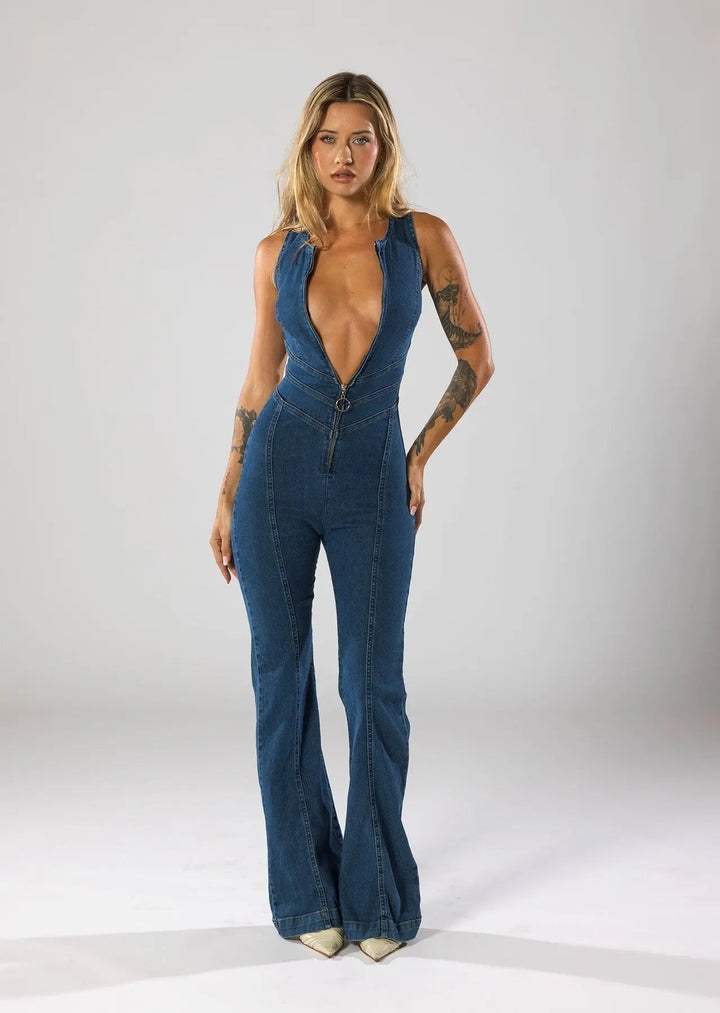 Duttini | Fitted Denim Jumpsuit with Plunge Neck and Flared Legs