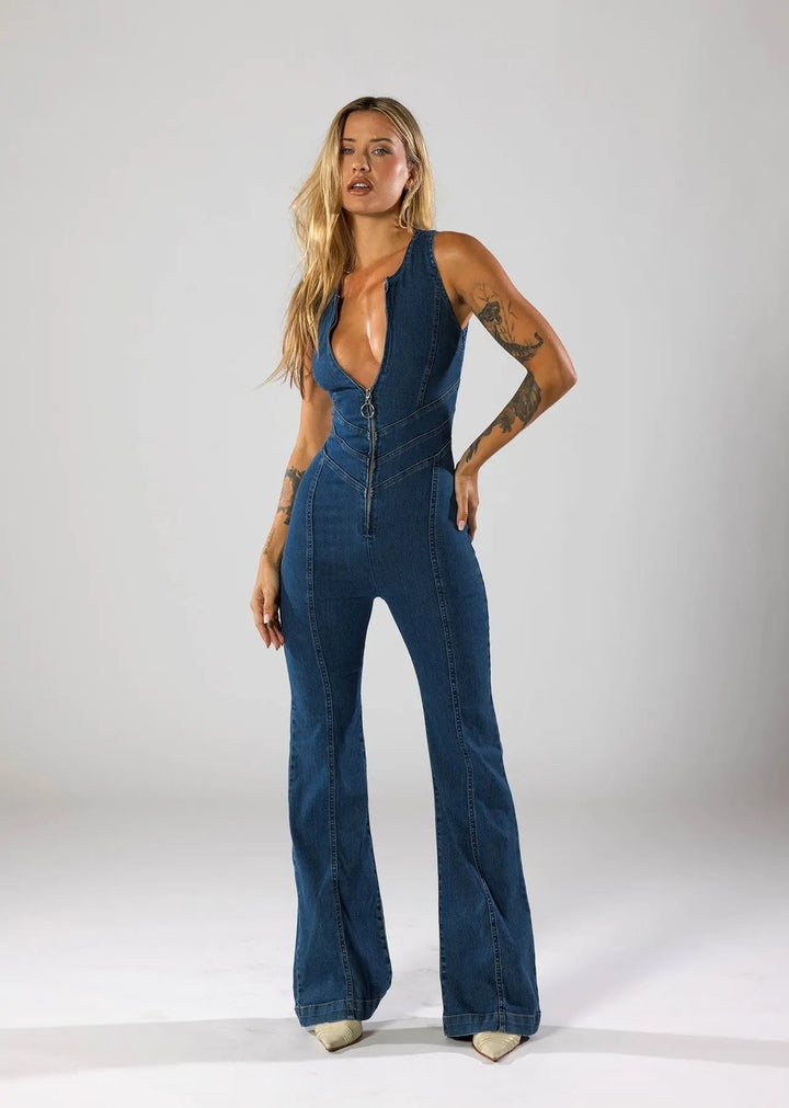 Duttini | Fitted Denim Jumpsuit with Plunge Neck and Flared Legs