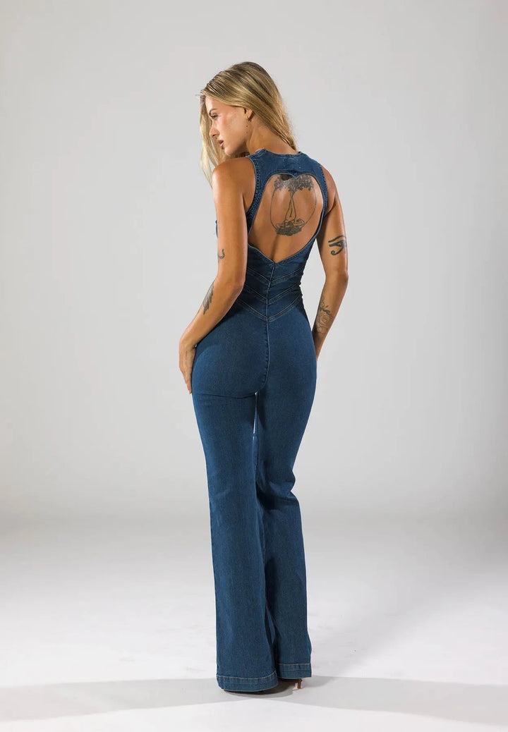 Duttini | Fitted Denim Jumpsuit with Plunge Neck and Flared Legs