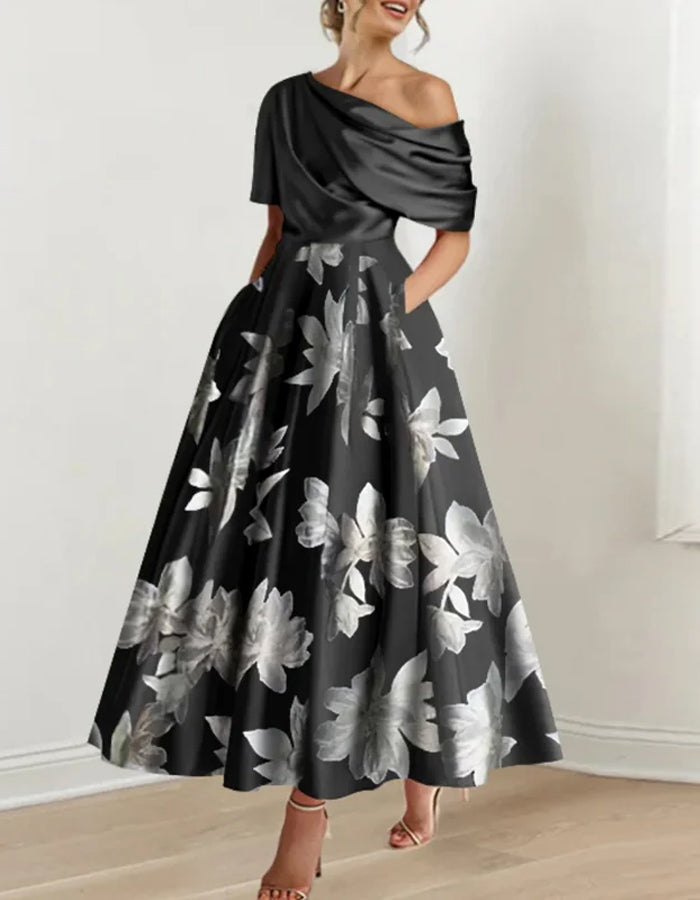 Duttini | White Satin Off-Shoulder Bodycon Printed Dress