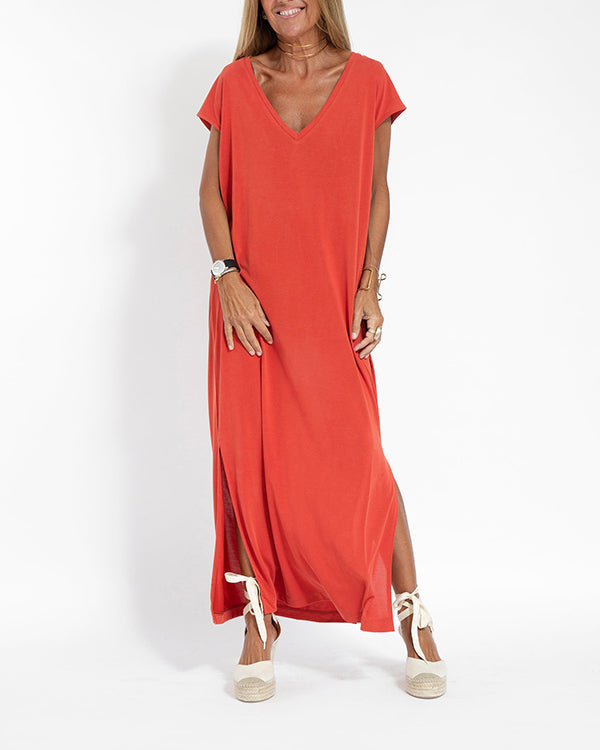 Duttini | Timeless V-Neck Short Sleeve Side Slit Maxi Dress