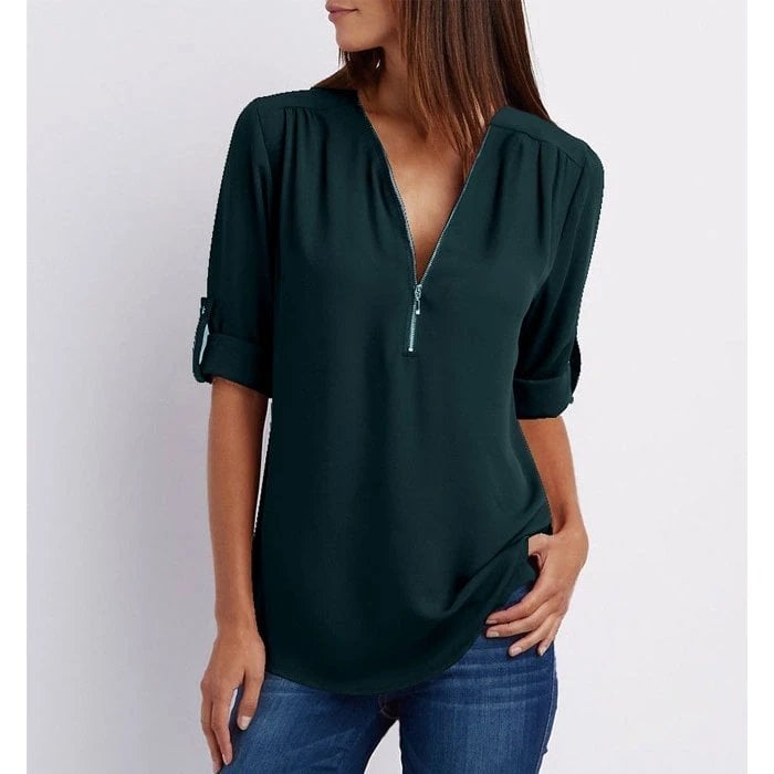 Duttini | Timeless Zip-Up V-Neck Half Sleeve Casual Blouse Top