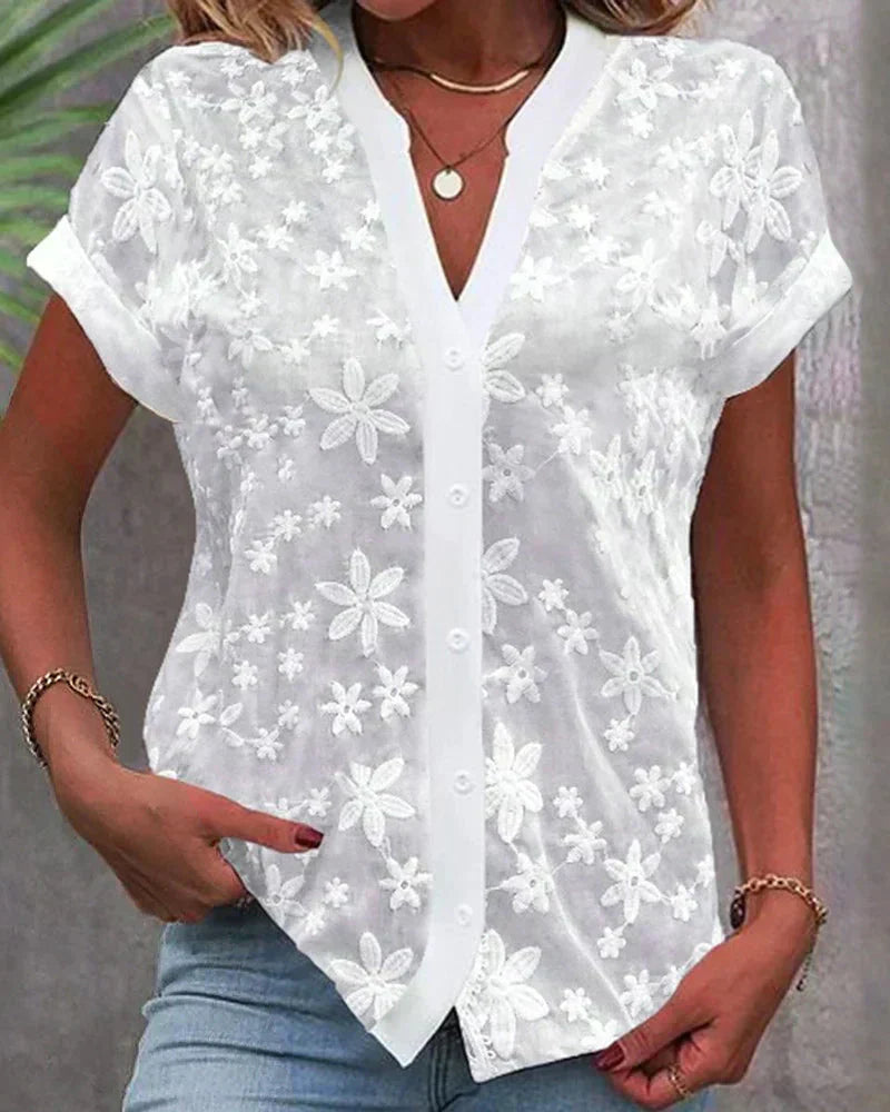 Duttini | Graceful Short Sleeve Floral Lace Button-Down Blouse