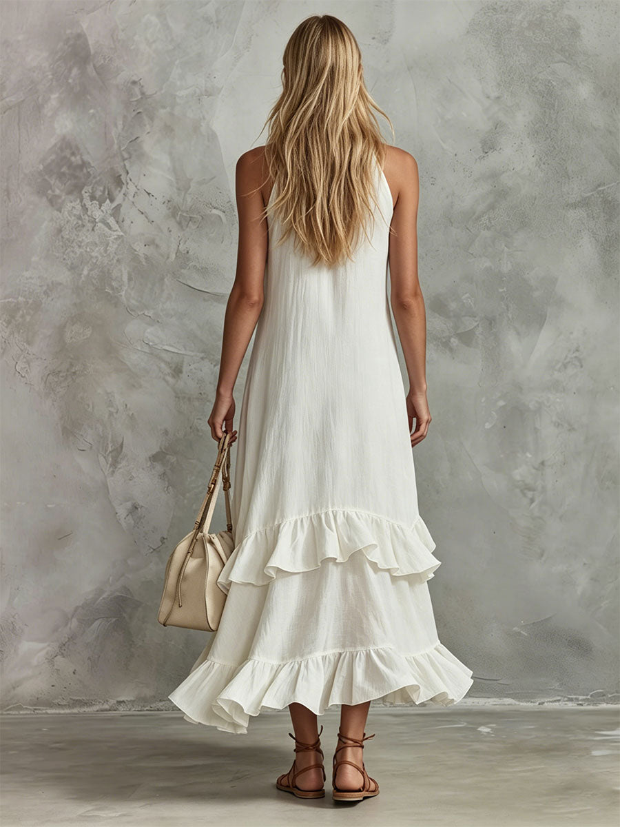 Duttini | Retro-Elegant White Sleeveless Ruffled Cotton-Linen Dress