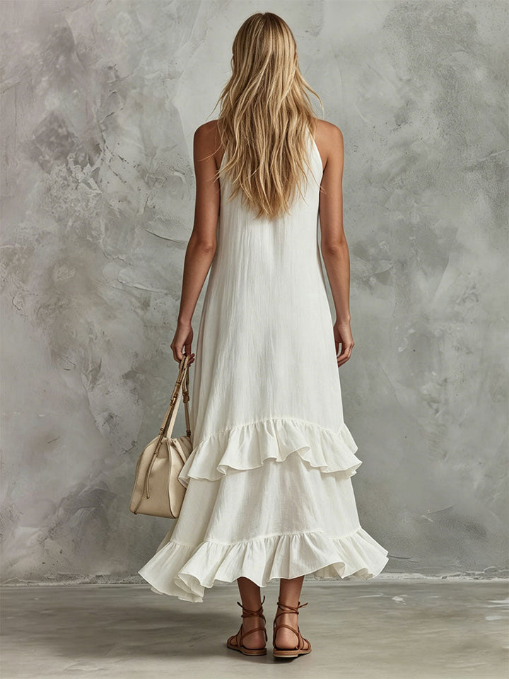 Duttini | Retro-Elegant White Sleeveless Ruffled Cotton-Linen Dress