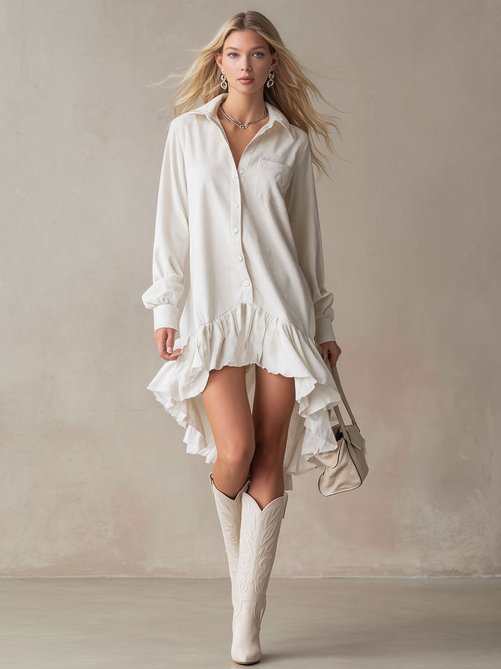 Duttini | White Denim Ruffle Evening Dress