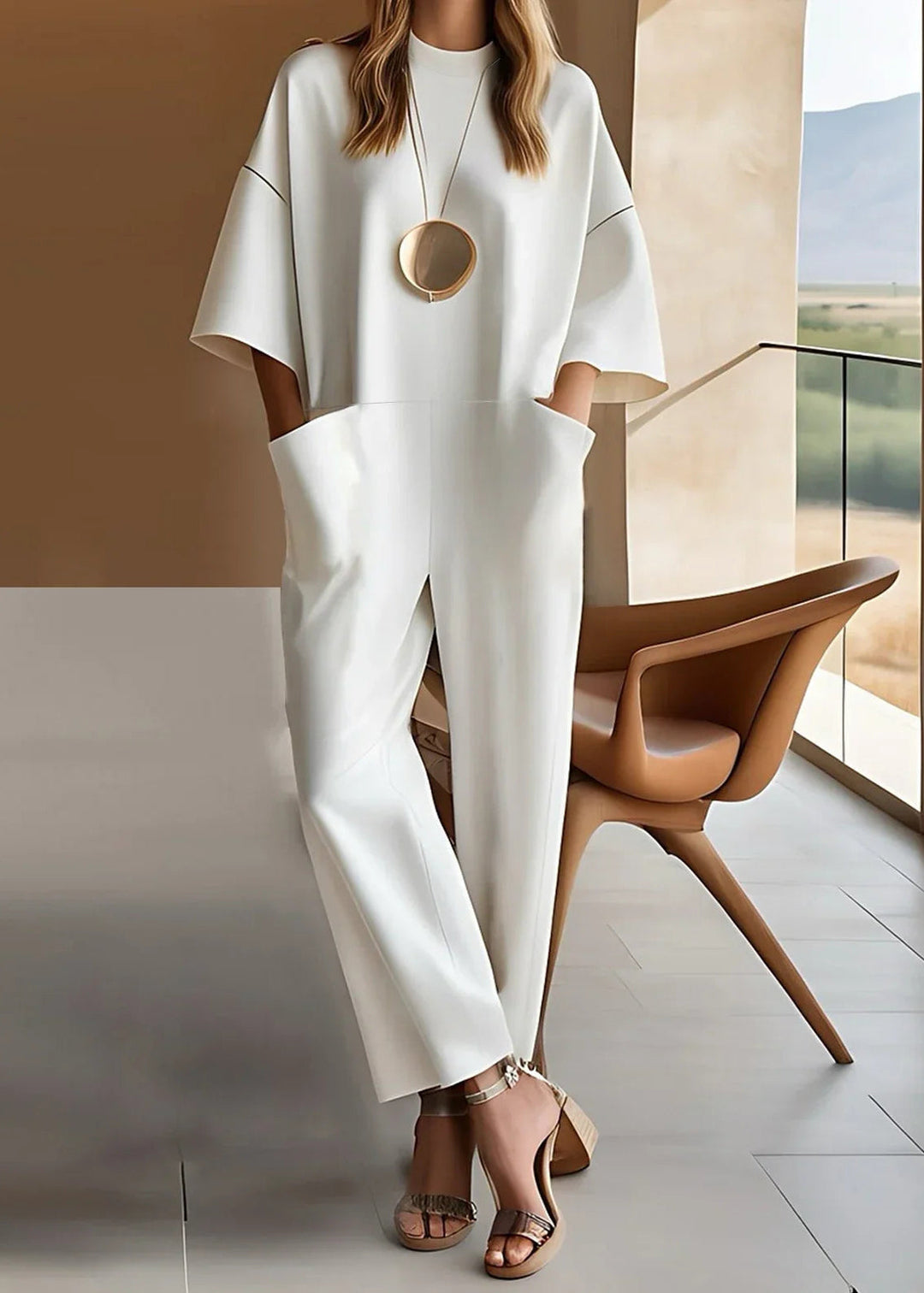 Duttini | Chic Short Sleeve Wide Leg Jumpsuit Crew Neck