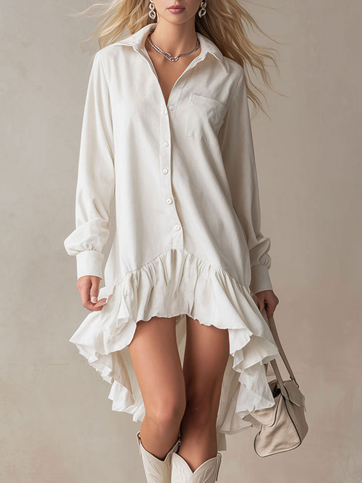 Duttini | White Denim Ruffle Evening Dress