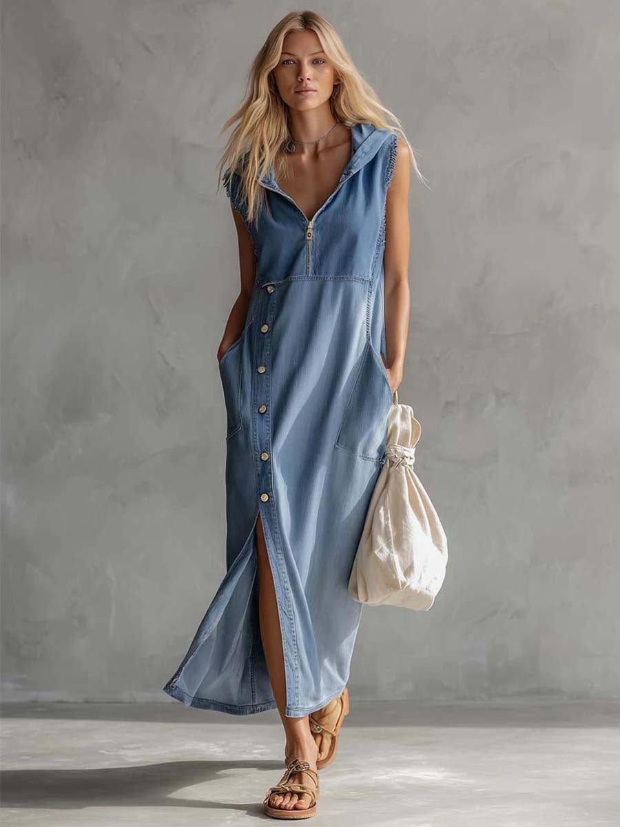 Duttini | Blue Denim V-Neck Casual Dress