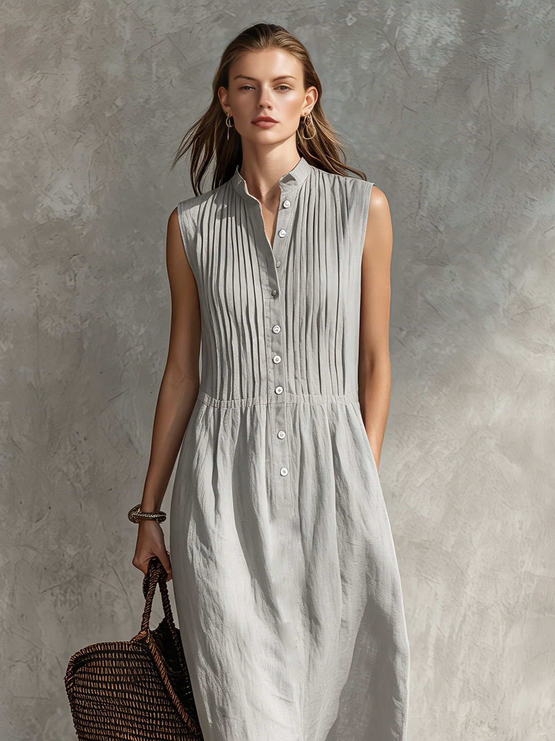 Duttini | Casual Grey Cotton-Linen Sleeveless Dress