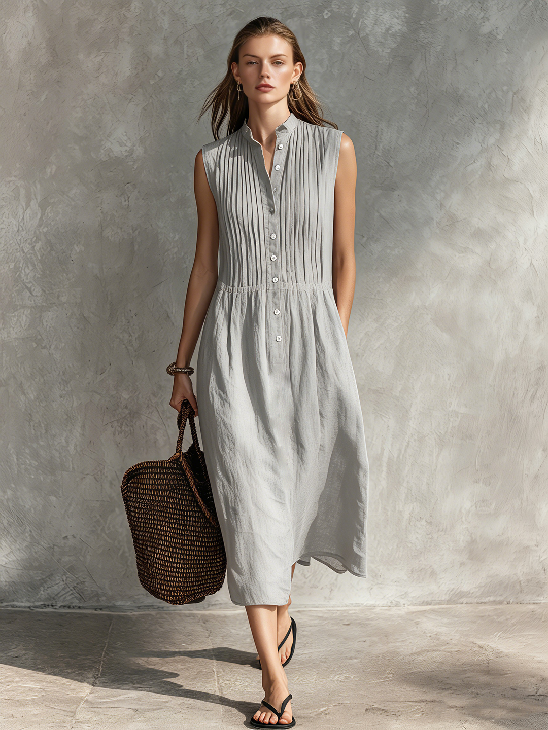 Duttini | Casual Grey Cotton-Linen Sleeveless Dress