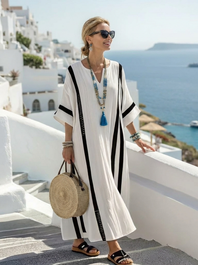 Duttini | Feminine Short Sleeve Color Block Striped Maxi Dress