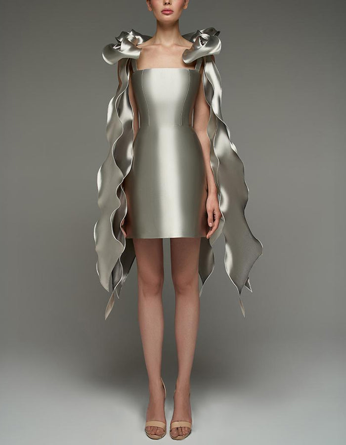 Duttini | Silver Satin Cocktail Square Neck Dress