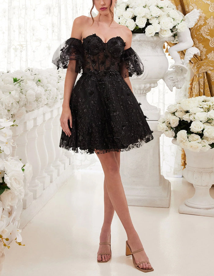 Duttini | Black Tulle Cocktail Floral Puff Dress