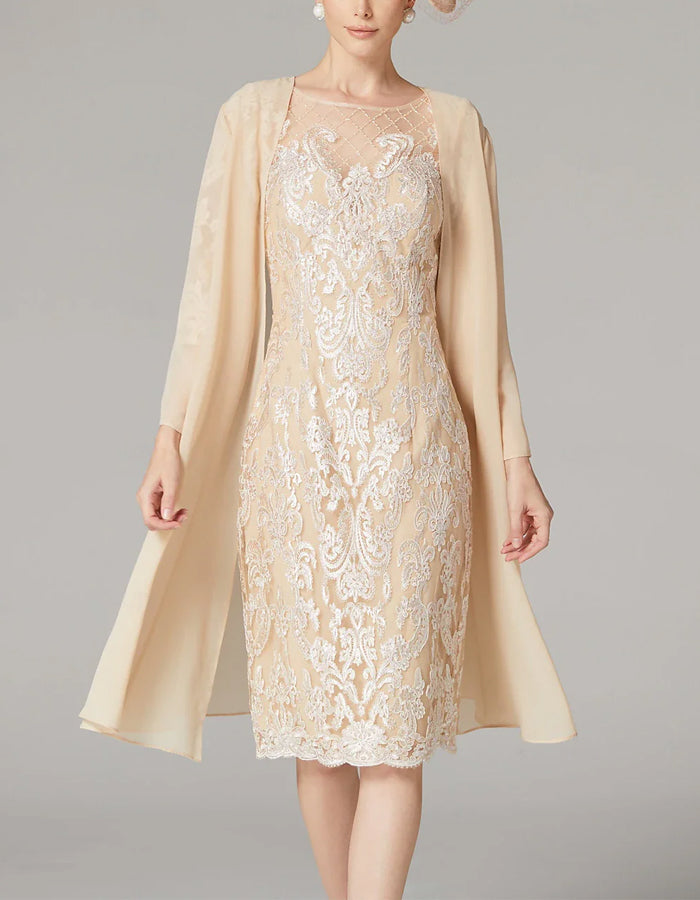 Duttini | Apricot Chiffon Bodycon Embroidered Long Dress