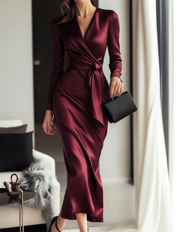Duttini | Burgundy Satin V-Neck Mermaid Long Dress