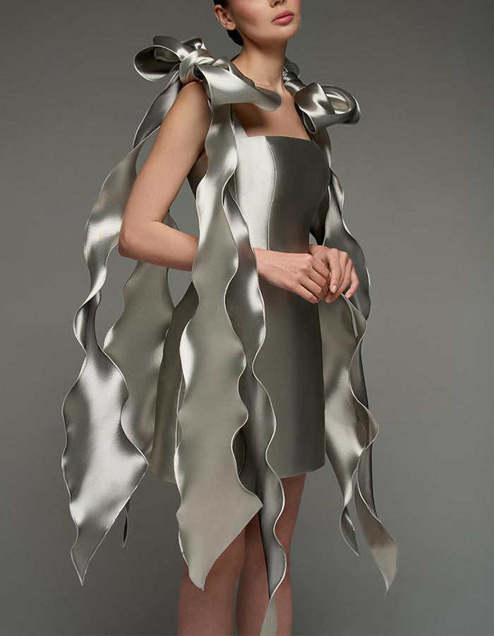 Duttini | Silver Satin Cocktail Square Neck Dress
